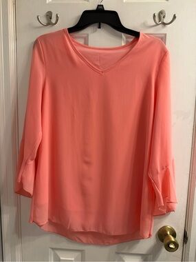 V-Neck Flounce-Sleeve Blouse  Coral Large